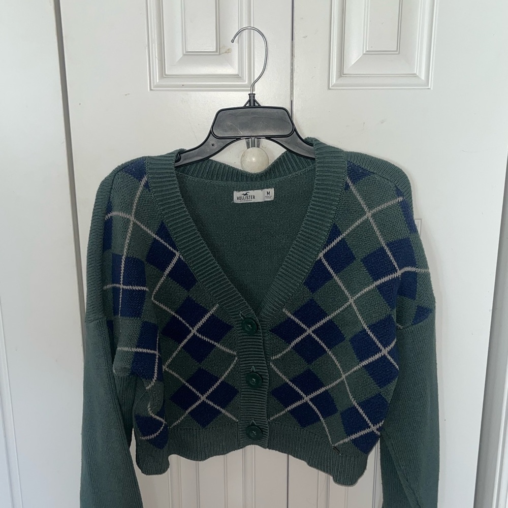 Hollister Green and Blue Argyle Cardigan Sweater